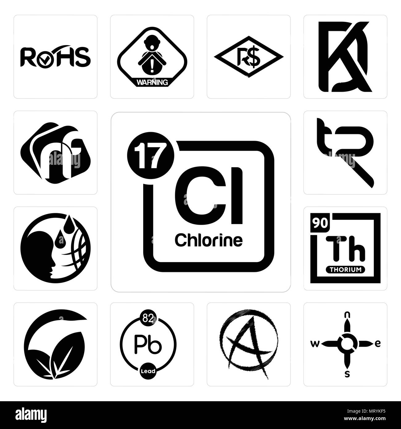 Satz von 13 Einfache editierbare Ikonen wie Periodensystem Chlor, n s e w, Punk Anarchie, chemische, vegan vs Vegetarier, Thorium, Tr, nf kann verwendet werden, um f Stock Vektor