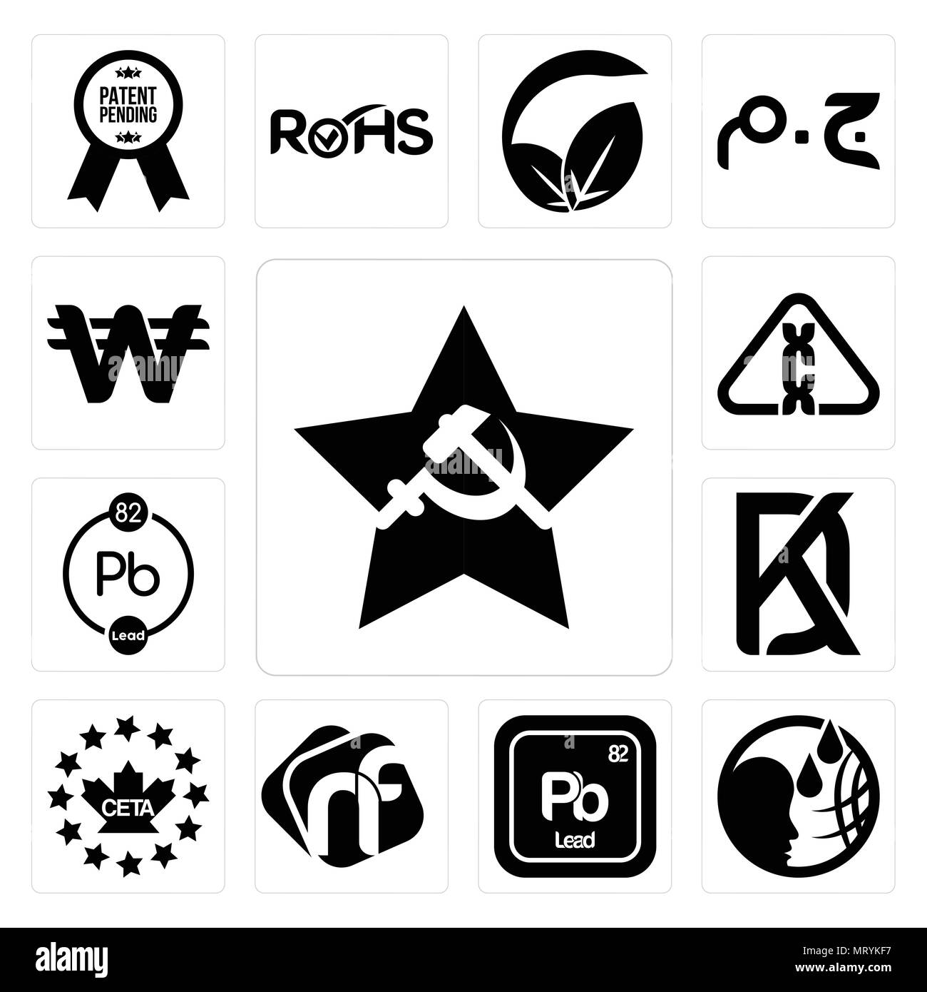 Satz von 13 Einfache editierbare Ikonen wie comunist,, pb Chemische, NF, ceta, kd, Karzinogen, koreanische Währung kann für mobile verwendet werden, die Web-UI Stock Vektor