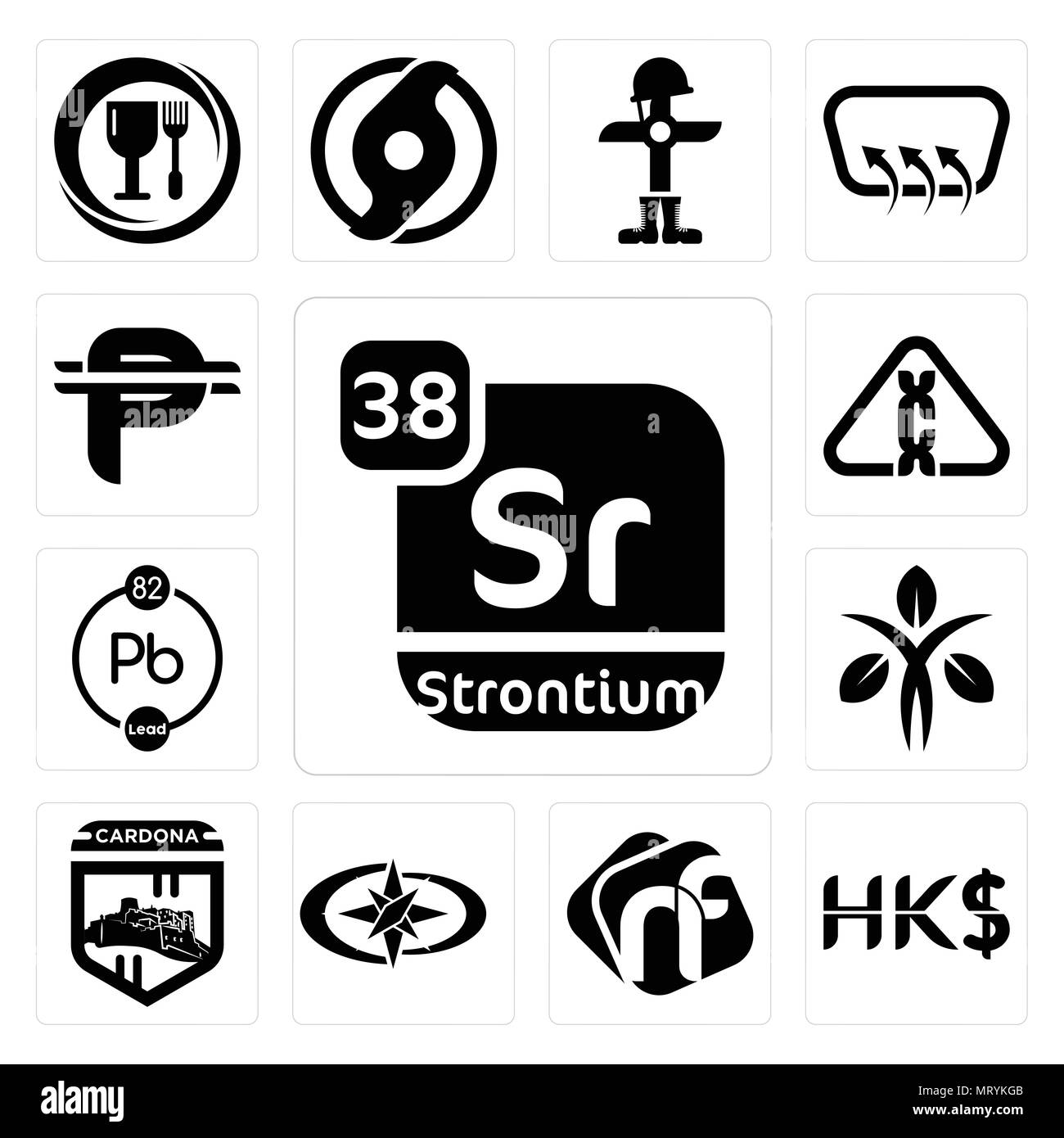 Satz von 13 Einfache editierbare Ikonen wie Strontium, Hong Kong Dollar, NF, Polaris, Cardona, Ernährungsberater, chemischen Karzinogen, kubanischen Peso kann verwendet werden für Stock Vektor