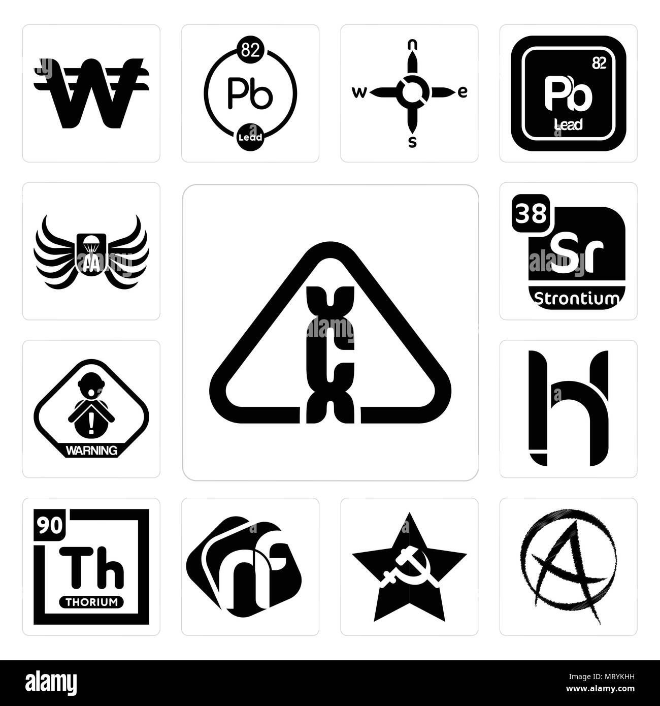 Satz von 13 Einfache editierbare Ikonen wie Karzinogen, Punk Anarchie, comunist, NF, Thorium, hh, Erstickungsgefahr, Strontium, Armee der Luft kann verwendet werden für Stock Vektor