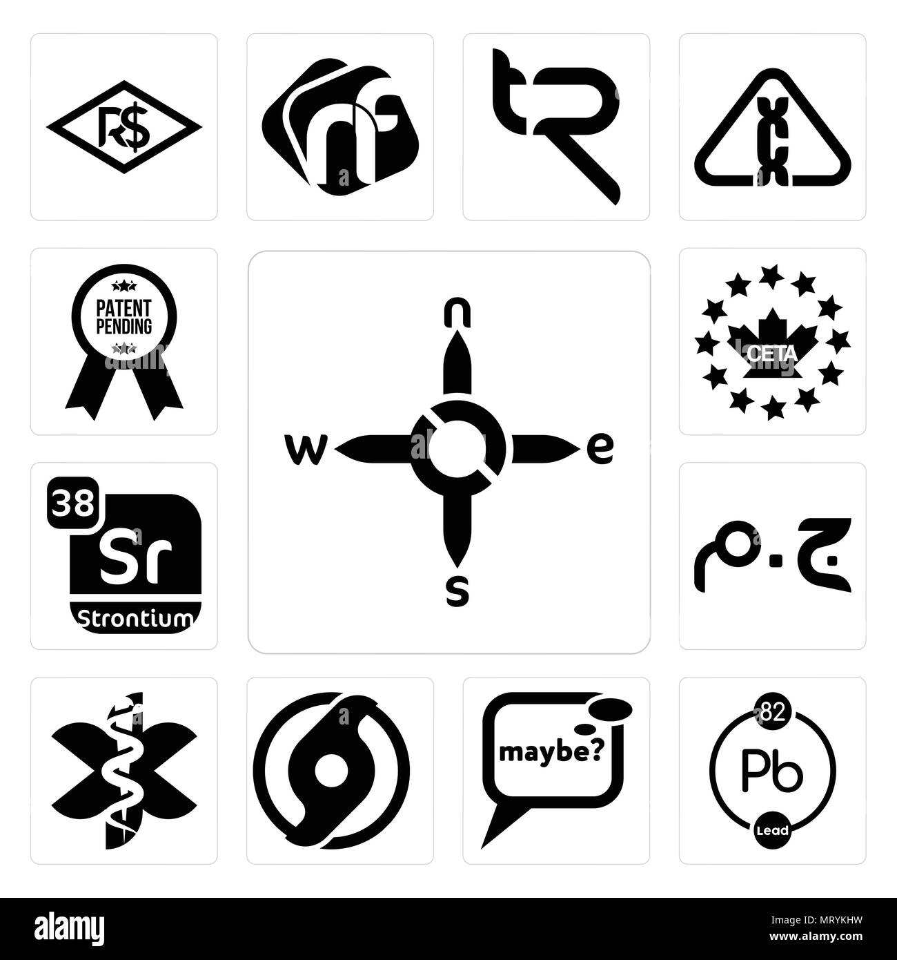 Satz von 13 Einfache editierbare Ikonen wie n e w, chemische, vielleicht, offizielle Hurricane, Sanitäter, ägyptische Pfund, Strontium, ceta, zum Patent angemeldete kann b Stock Vektor