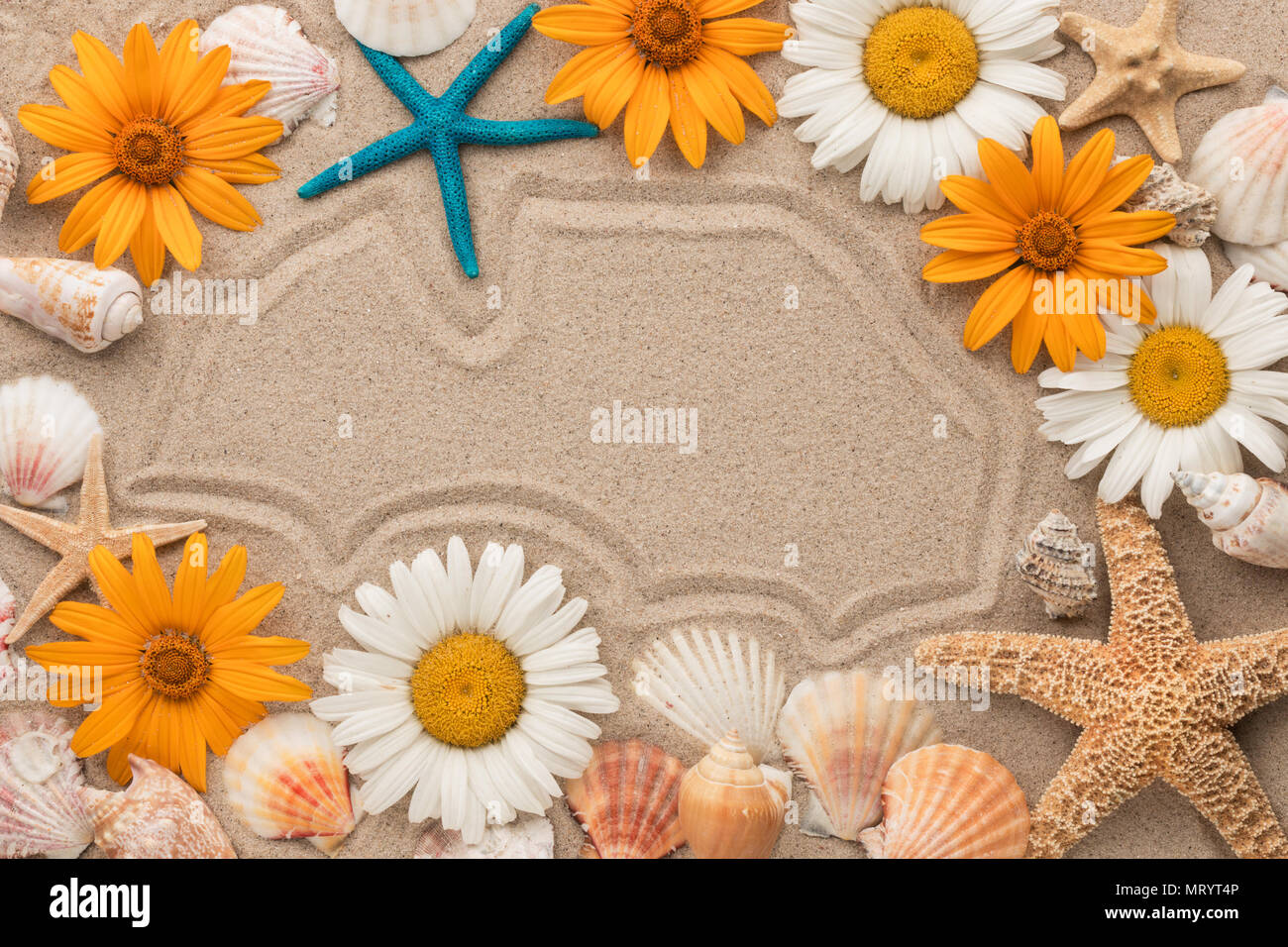 Schönen Rahmen von Blumen, Sternen und Shell auf Sand. Blumen und Linien auf dem Sand Stockfoto
