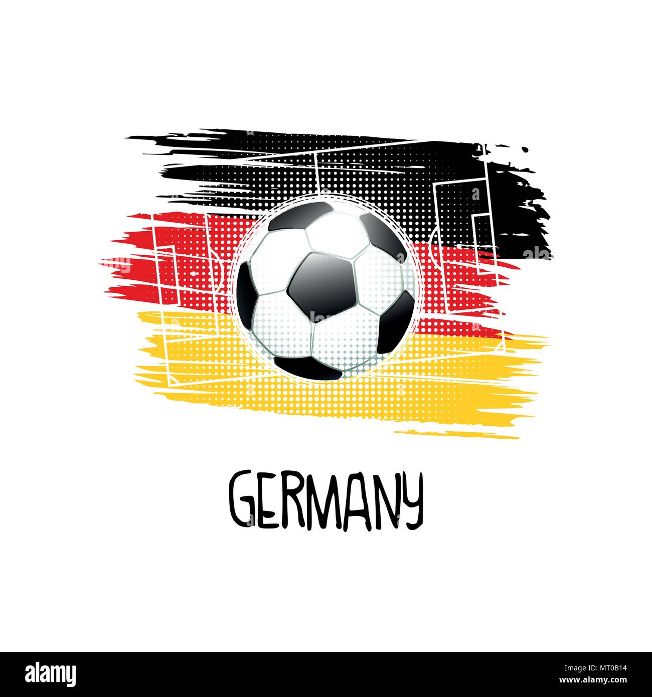 Hand geschriebene Wort "Deutschland" mit Fußball, Fußballplatz und abstrakte Farben der deutschen Flagge. Vector Illustration. Stock Vektor