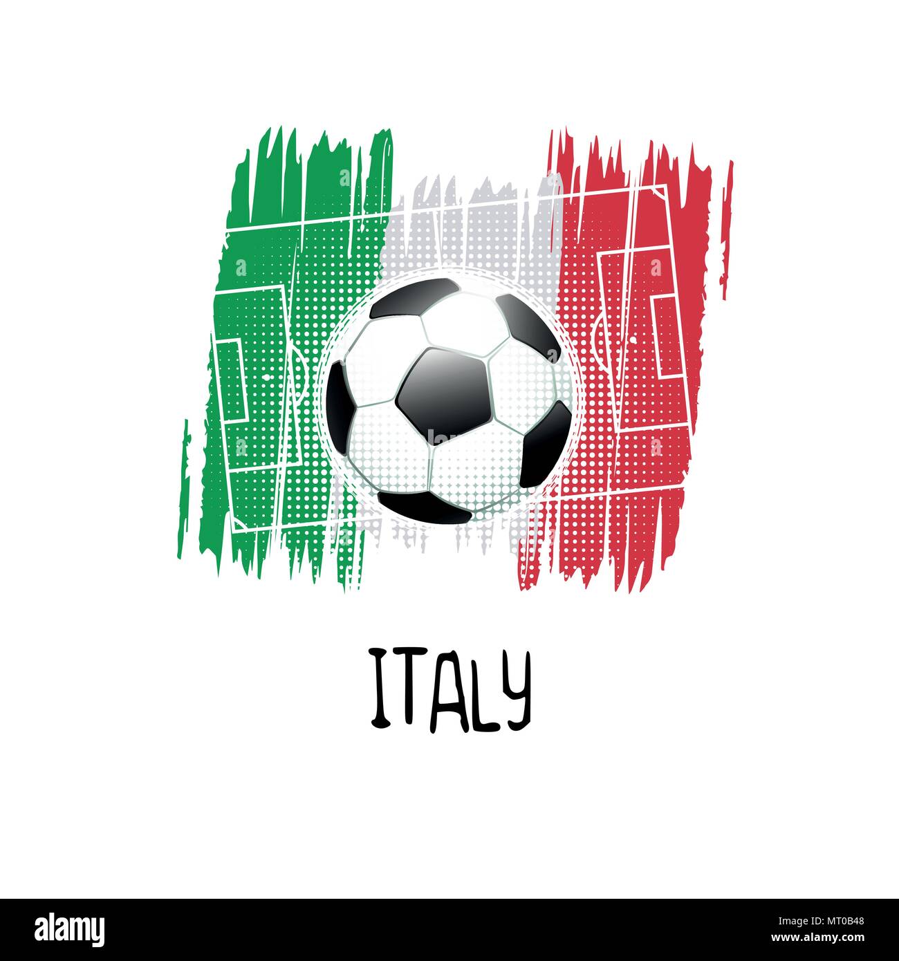 Hand geschriebene Wort "Italien" mit Fußball, Fußballplatz und abstrakte Farben der italienischen Flagge. Vector Illustration. Stock Vektor