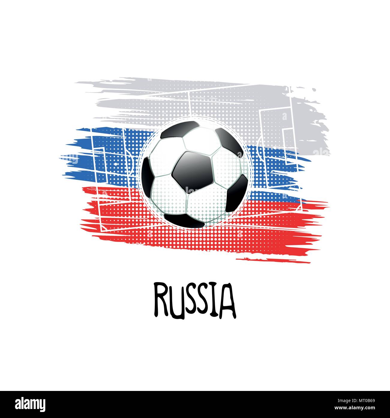 Hand geschriebene Wort "Rußland" mit Fußball, Fußballplatz und abstrakte Farben der russischen Flagge. Vector Illustration. Stock Vektor
