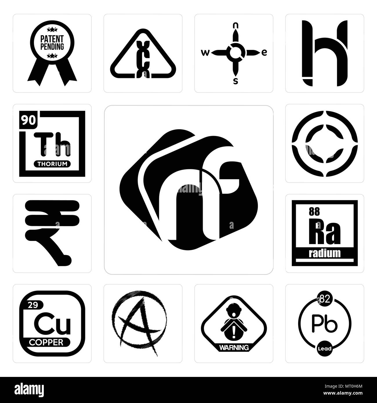 Satz von 13 Einfache editierbare Ikonen wie nf, chemische, Erstickungsgefahr, Punk Anarchie, Kupfer, Radium, Rubine, Copyright, Thorium für mobile verwendet werden, Stock Vektor