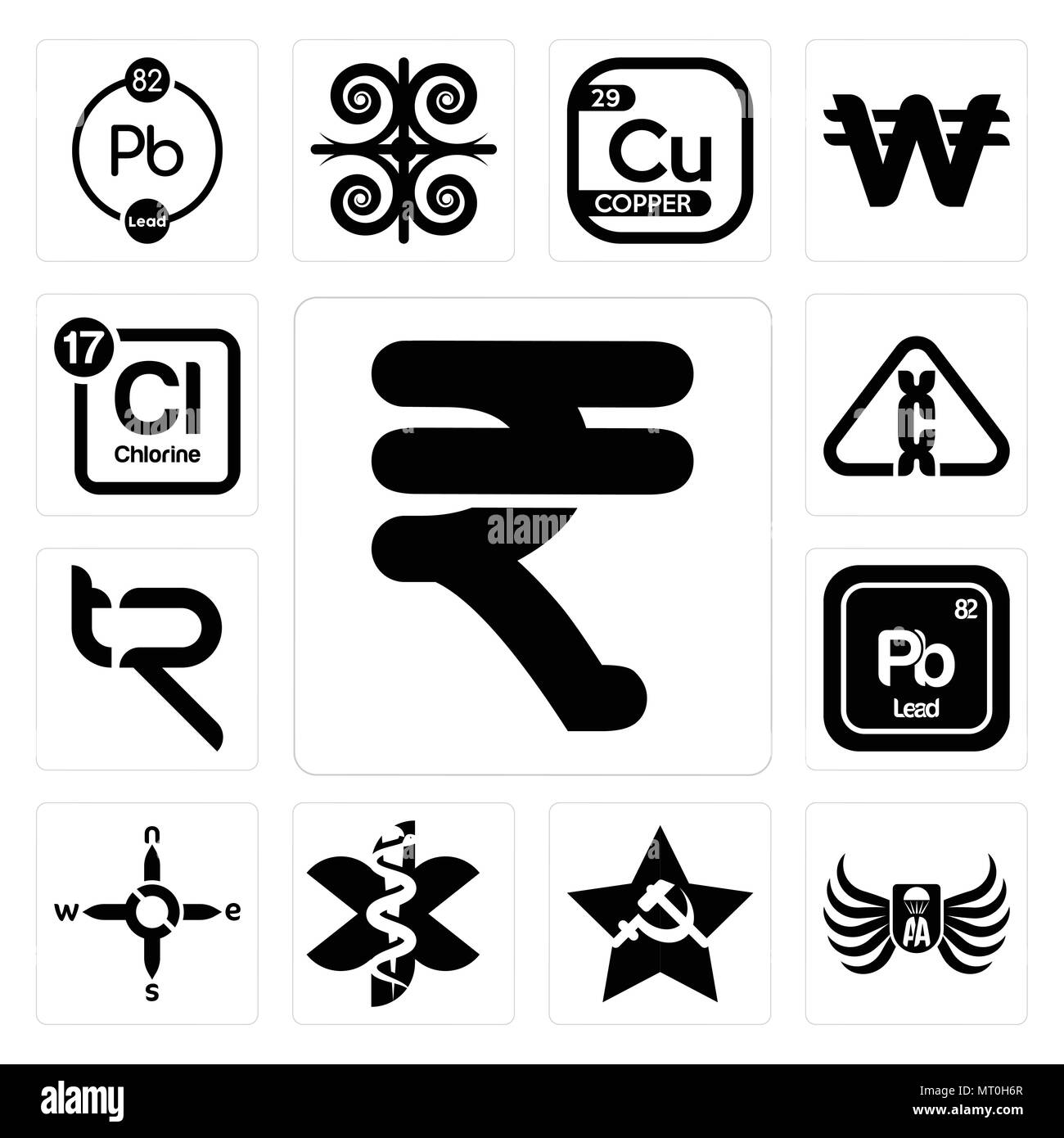 Satz von 13 Einfache editierbare Ikonen wie Rubine, Armee der Luft, comunist, Sanitäter, n s e w, pb Chemische, Tr, Karzinogen, Periodensystem Chlor kann Stock Vektor