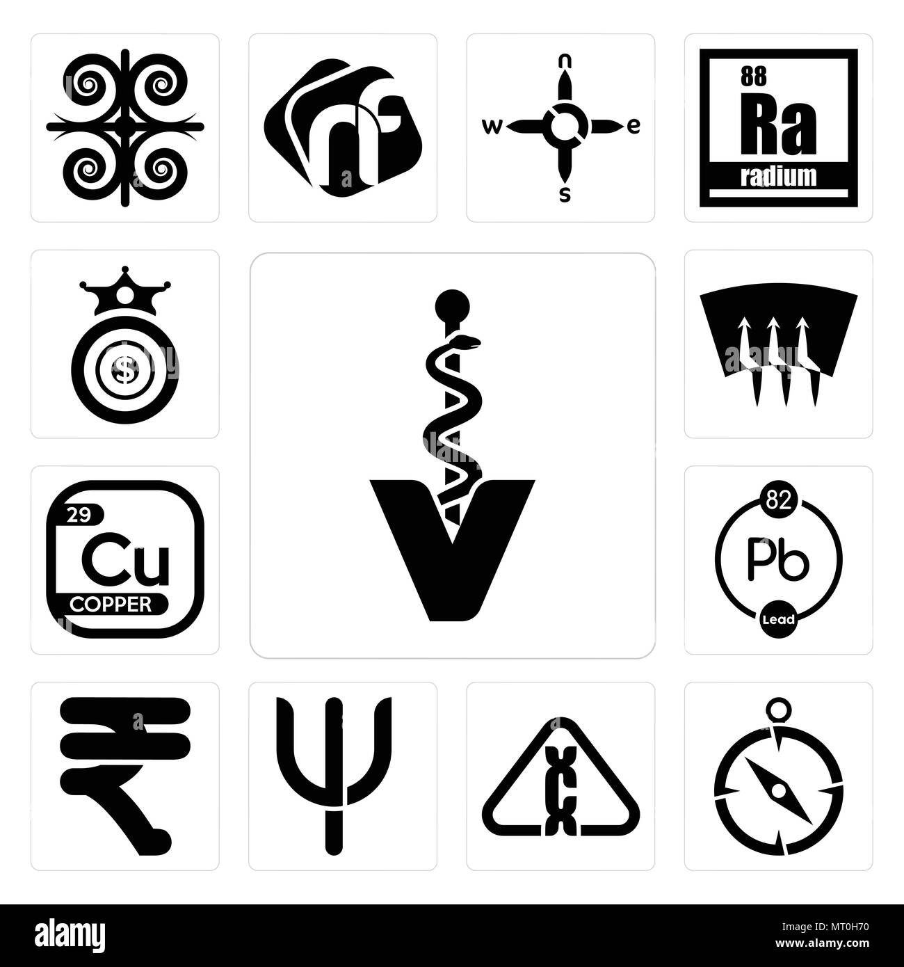 Satz von 13 Einfache editierbare Ikonen wie Veterinär Caduceus, compas, Karzinogen, Psi, Rubine, chemische, Kupfer, Defroster, oligarchie können für mob verwendet werden. Stock Vektor