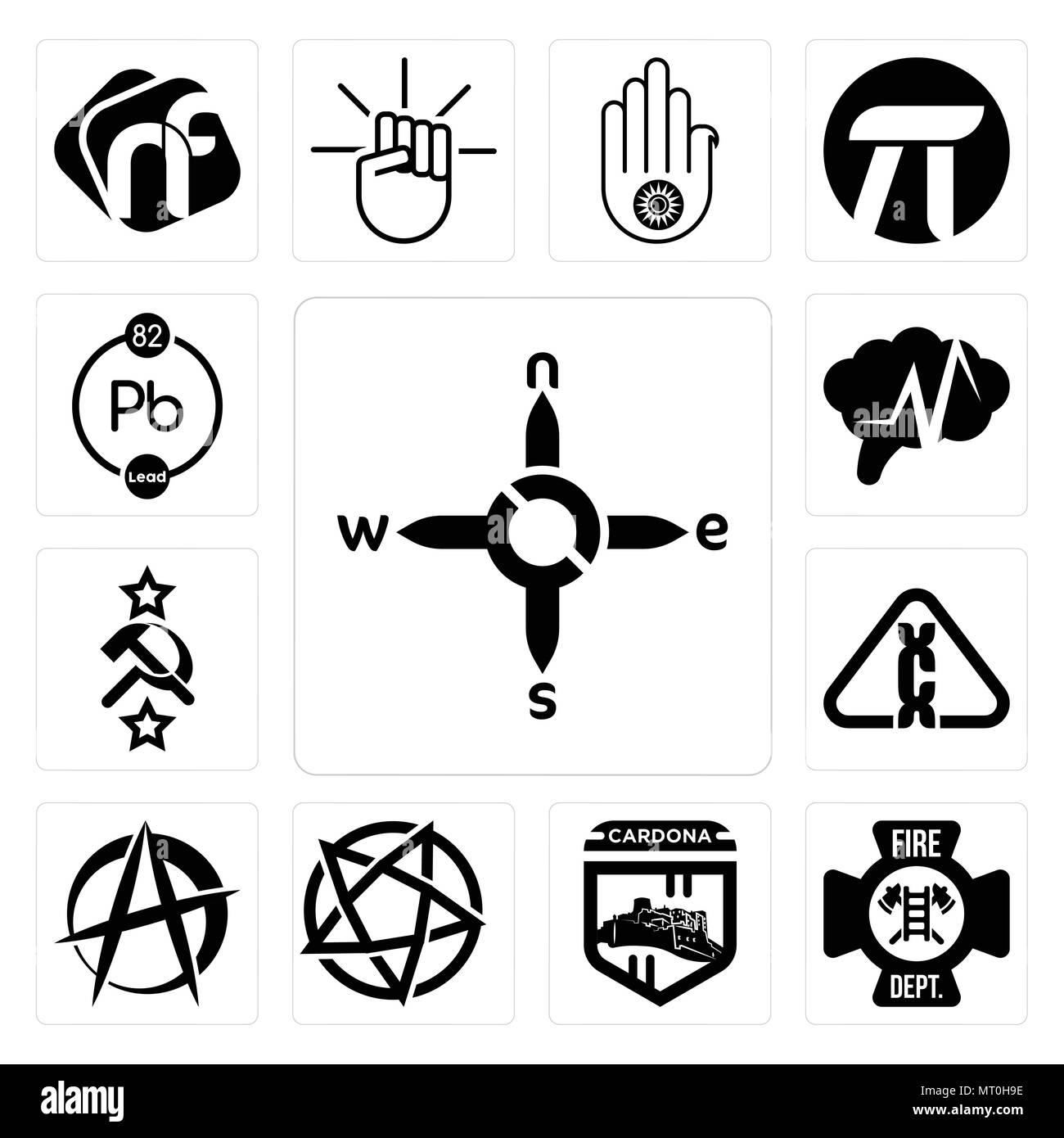 Satz von 13 Einfache editierbare Ikonen wie n e w, Fire dept, Cardona, Devil, anarchistischen, Karzinogen, sowjetischen, Epilepsie, Chemikalie kann für mobile verwendet werden. Stock Vektor