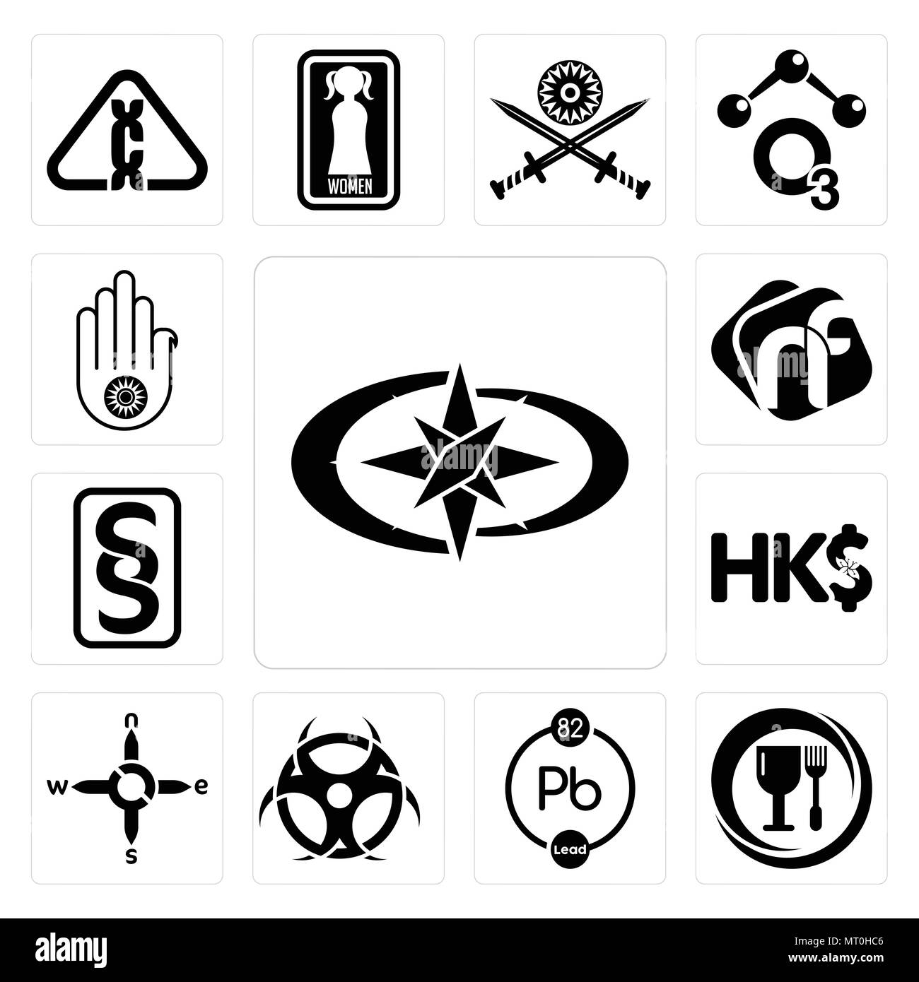 Satz von 13 Einfache editierbare Ikonen wie Polaris, Lebensmittel, Chemie, Ansteckung, n s e w, Hongkong Währung, paragraf, NF, Jain kann für Mobi verwendet werden. Stock Vektor
