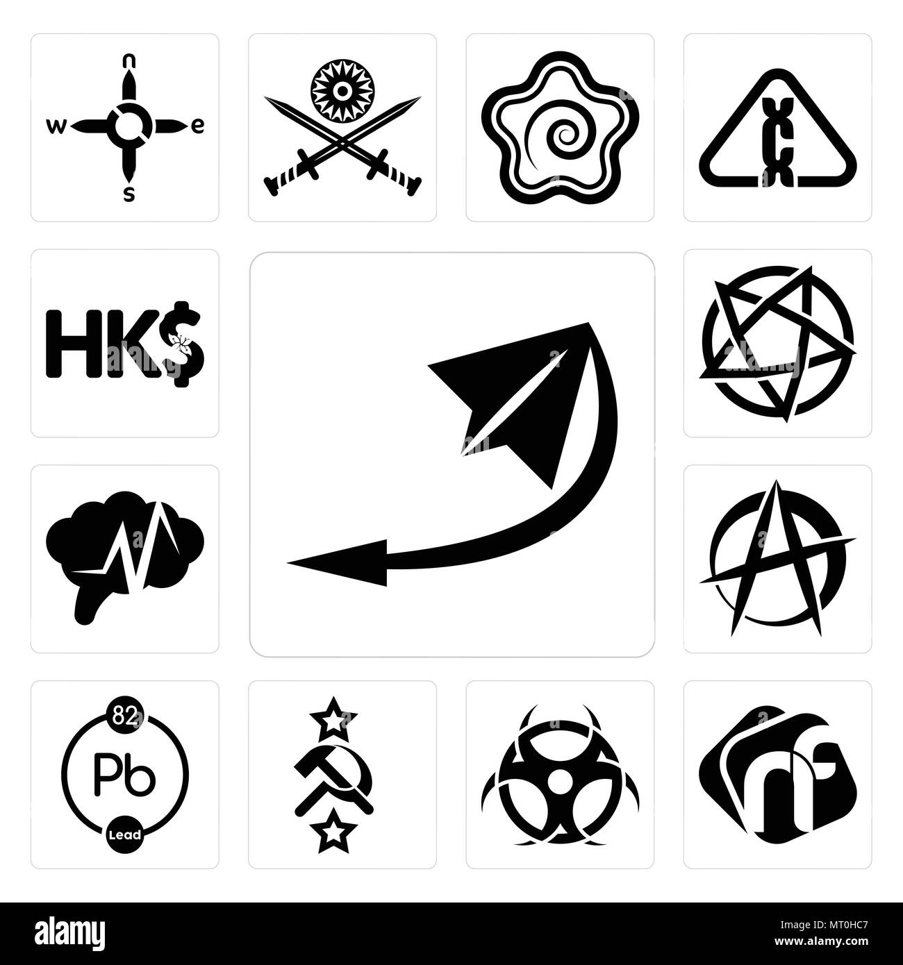 Satz von 13 Einfache editierbare Ikonen wie Telegramm, NF, Ansteckung, sowjetischen, chemische, anarchistischen, Epilepsie, Devil, Hongkong Währung kann von Mo-verwendet werden. Stock Vektor