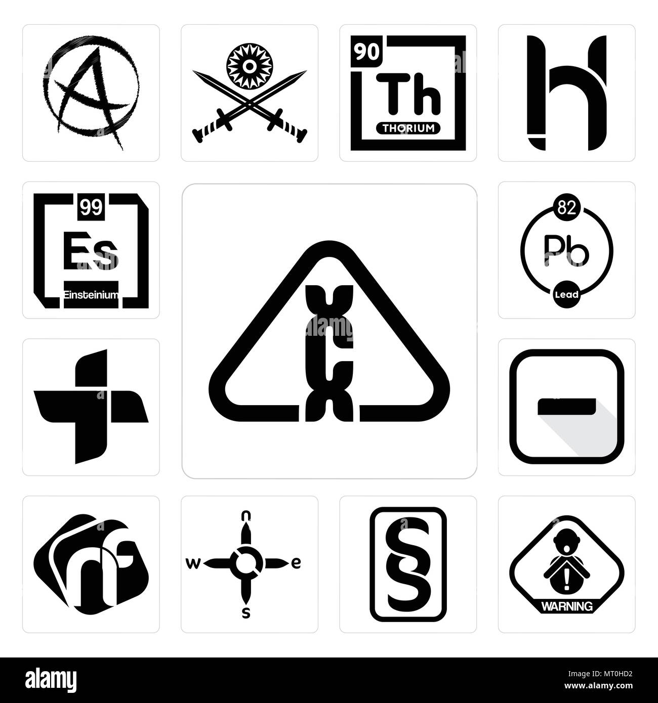 Satz von 13 Einfache editierbare Ikonen wie Karzinogen ist, verschluckt, paragraf, n s e w, NF, Bindestrich, plus, chemische, Einsteinium für mobile verwendet werden, Stock Vektor