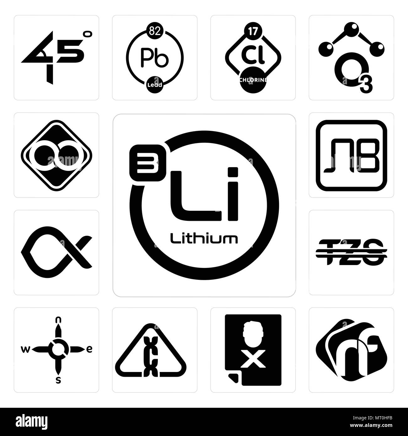 Satz von 13 Einfache editierbare Symbole wie Lithium, NF, auf die schwarze Liste gesetzt, Karzinogen, n s e w, Tansania-schilling, Alfa, bulgarische Währung, html Infinity ca Stock Vektor