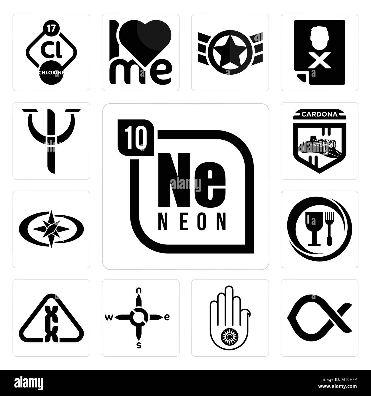 Satz von 13 Einfache editierbare Ikonen wie Neon, Alfa, Jain, n s e w, Karzinogen, food grade, Polaris, Cardona, psy für mobile verwendet werden, die Web-UI Stock Vektor