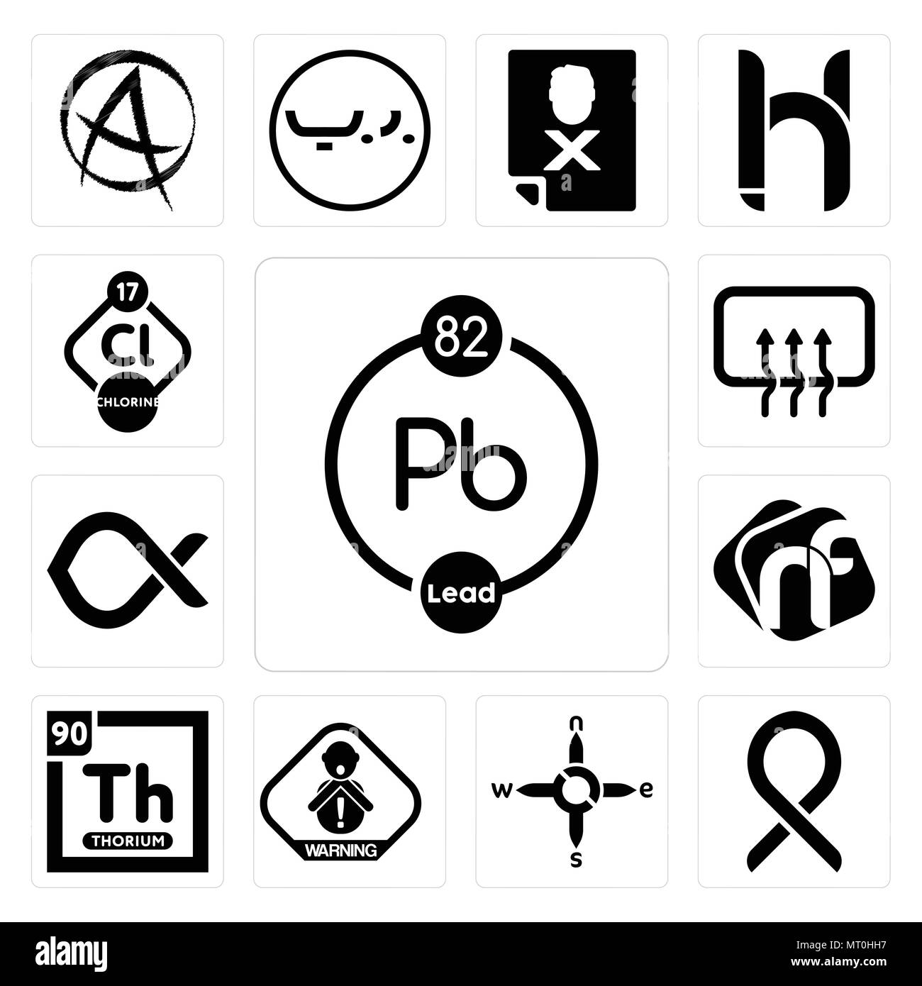 Satz von 13 Einfache editierbare Ikonen wie chemische, Bauchspeicheldrüsenkrebs, n s e w, Erstickungsgefahr, Thorium, NF, Alfa, Auto Entfroster-, Chlor verwendet f Stock Vektor