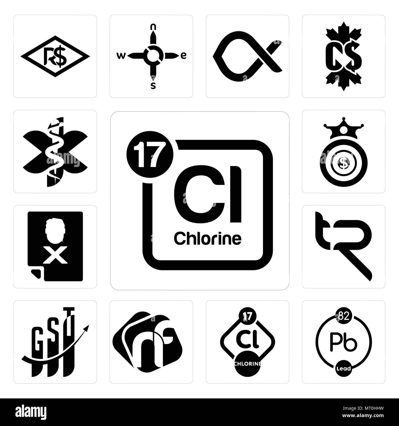 Satz von 13 Einfache editierbare Ikonen wie Periodensystem Chlor, chemischen, NF, gst, Tr, auf die schwarze Liste gesetzt, Oligarchie, die Sanitäter können für mobile, Web verwendet werden. Stock Vektor