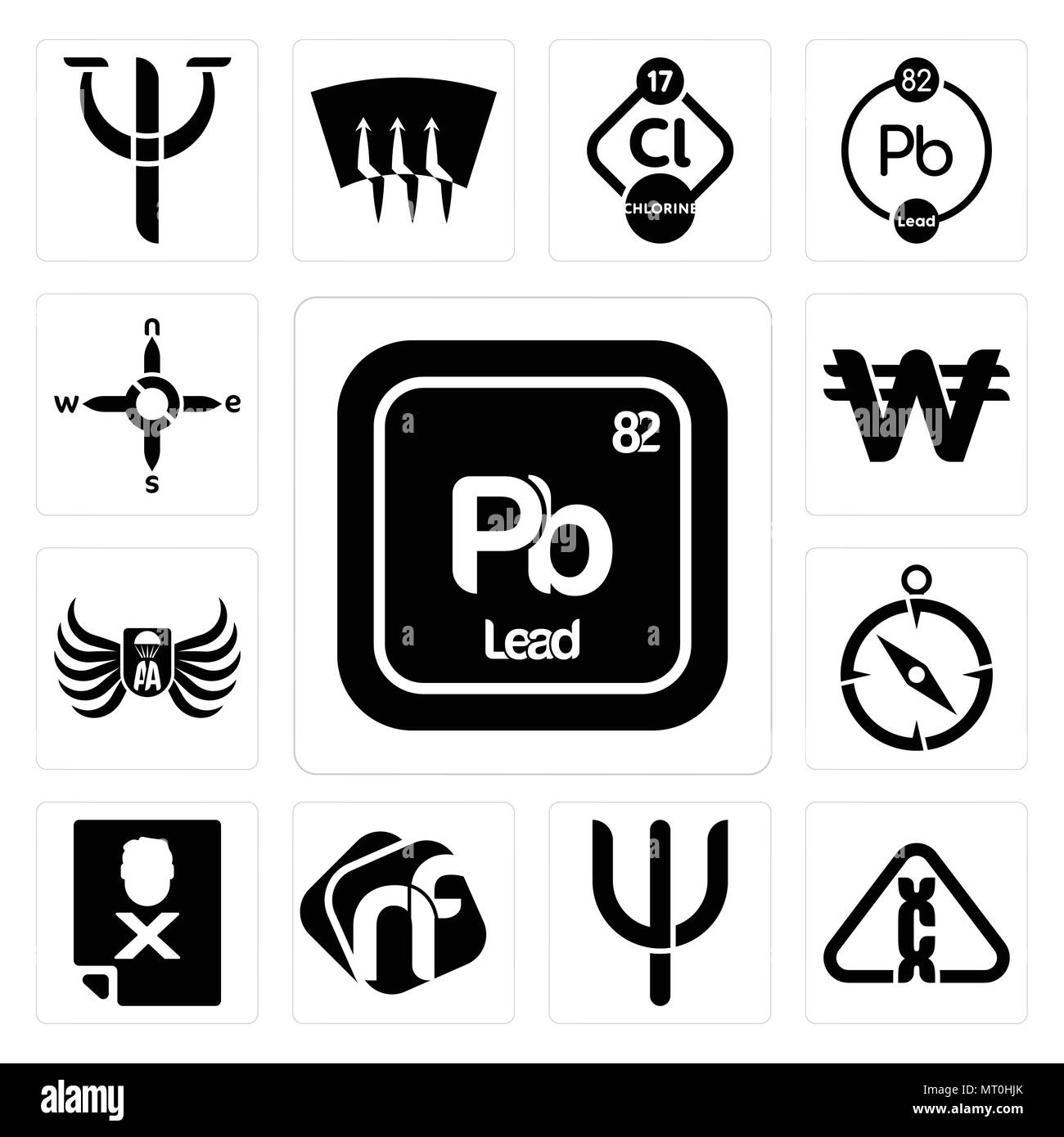 Satz von 13 Einfache editierbare Ikonen wie Pb chemische, Karzinogen, Psi, NF, auf die schwarze Liste gesetzt, compas, Army Airborne, koreanische Währung, n s e w uns werden können Stock Vektor
