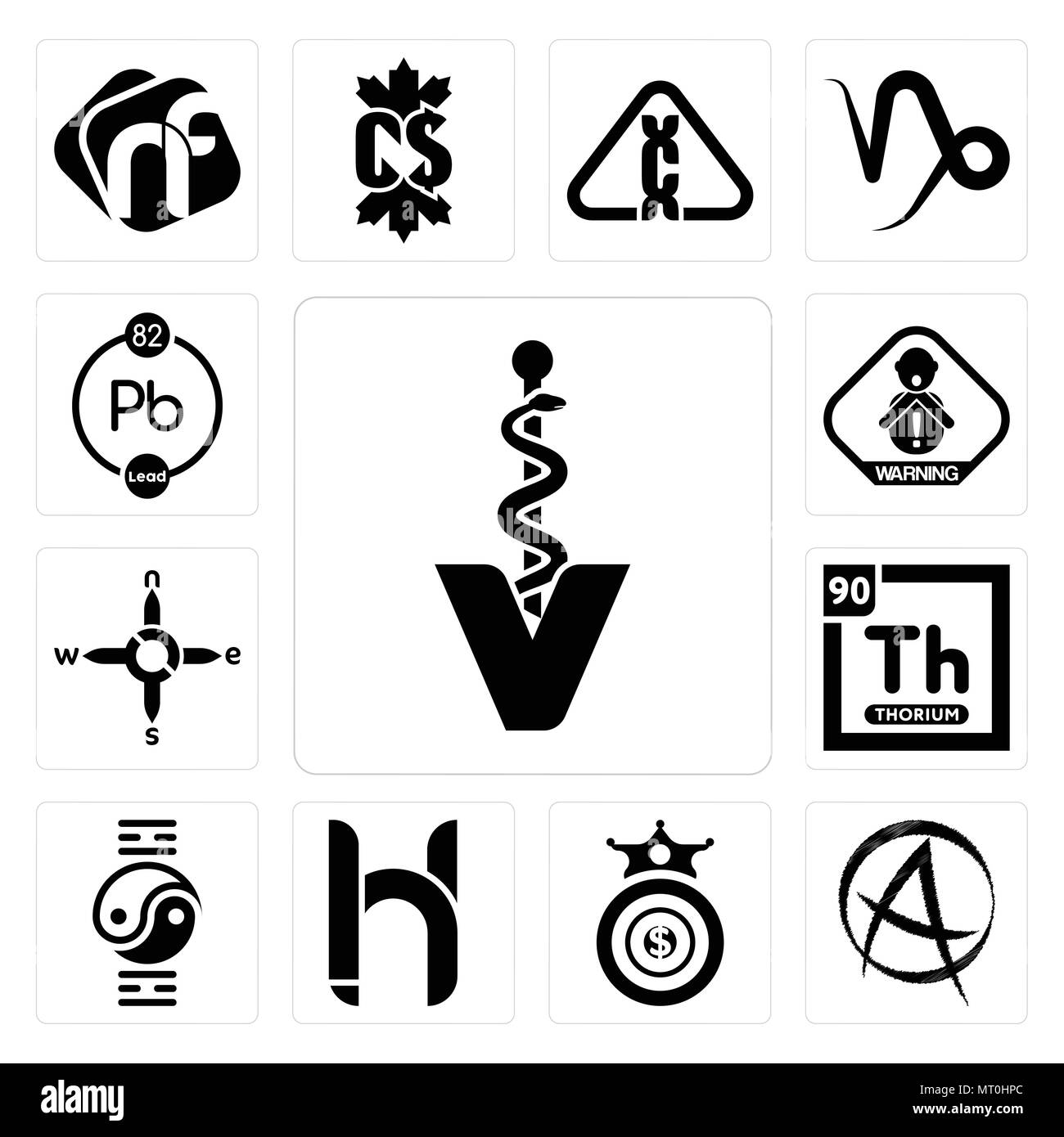 Satz von 13 Einfache editierbare Ikonen wie Veterinär Caduceus, Punk Anarchie, Oligarchie, hh, Qigong, Thorium, n s e w, Erstickungsgefahr, chemischen Können uns Stock Vektor