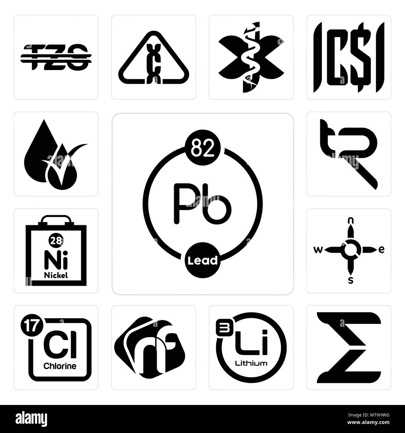 Satz von 13 Einfache editierbare Ikonen wie chemische, Sigma, Lithium, NF, Periodensystem Chlor, n s e w, Nickel, Tr, hypoallergen können für mob verwendet werden. Stock Vektor