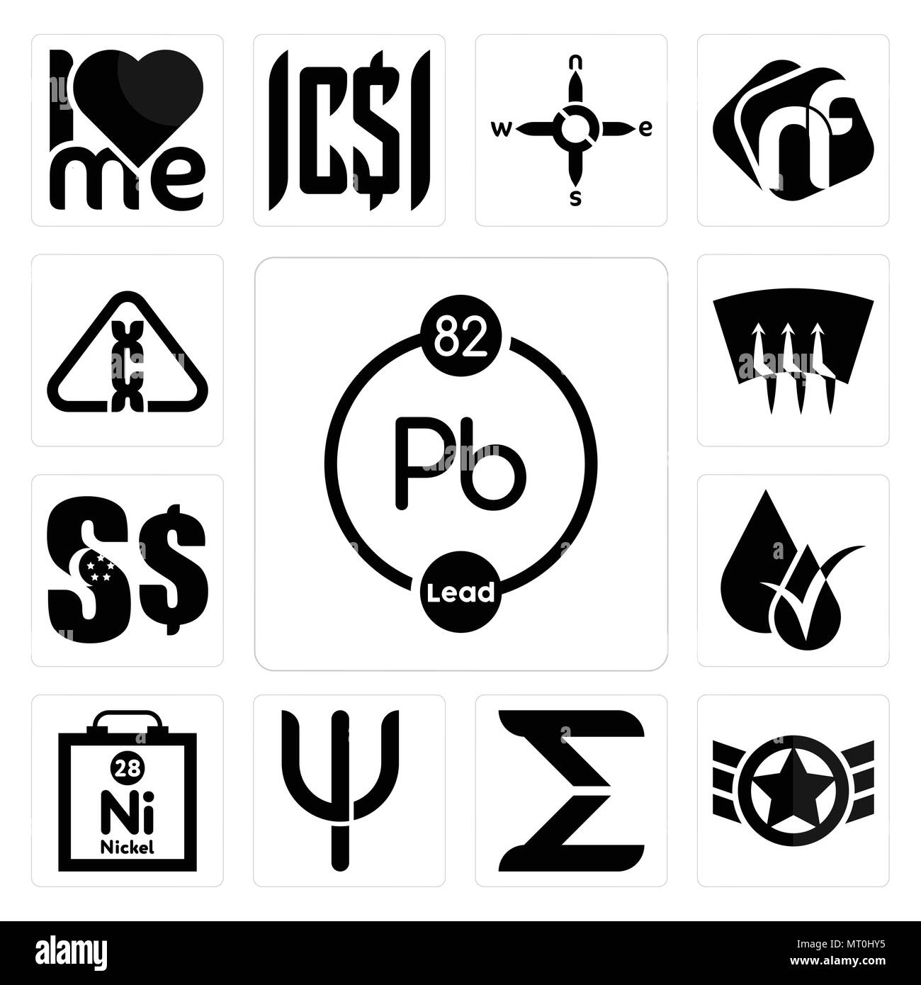 Satz von 13 Einfache editierbare Ikonen wie chemische, Luftwaffe, Sigma, Psi, Nickel, hypoallergen, Singapur Dollar, Defroster, karzinogen kann verwendet werden für Stock Vektor