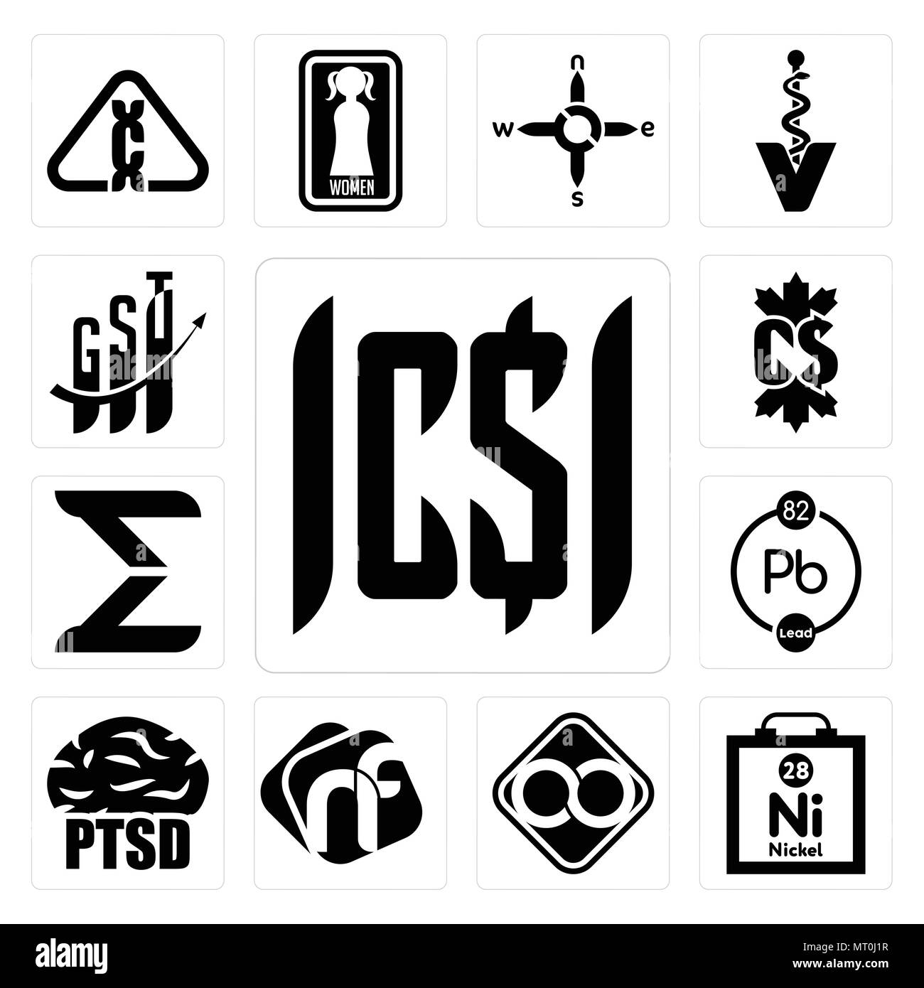 Satz von 13 Einfache editierbare Ikonen wie, Nickel, html-Infinity, NF, Ptsd, chemische, Sigma, Kanadischer Dollar, gst für mobile verwendet werden, die Web-UI Stock Vektor