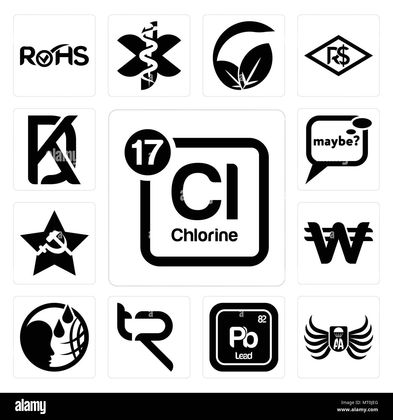 Satz von 13 Einfache editierbare Ikonen wie Periodensystem Chlor, Army Airborne, pb Chemische-, TR-, koreanische Währung, comunist, vielleicht, Kd kann u Stock Vektor