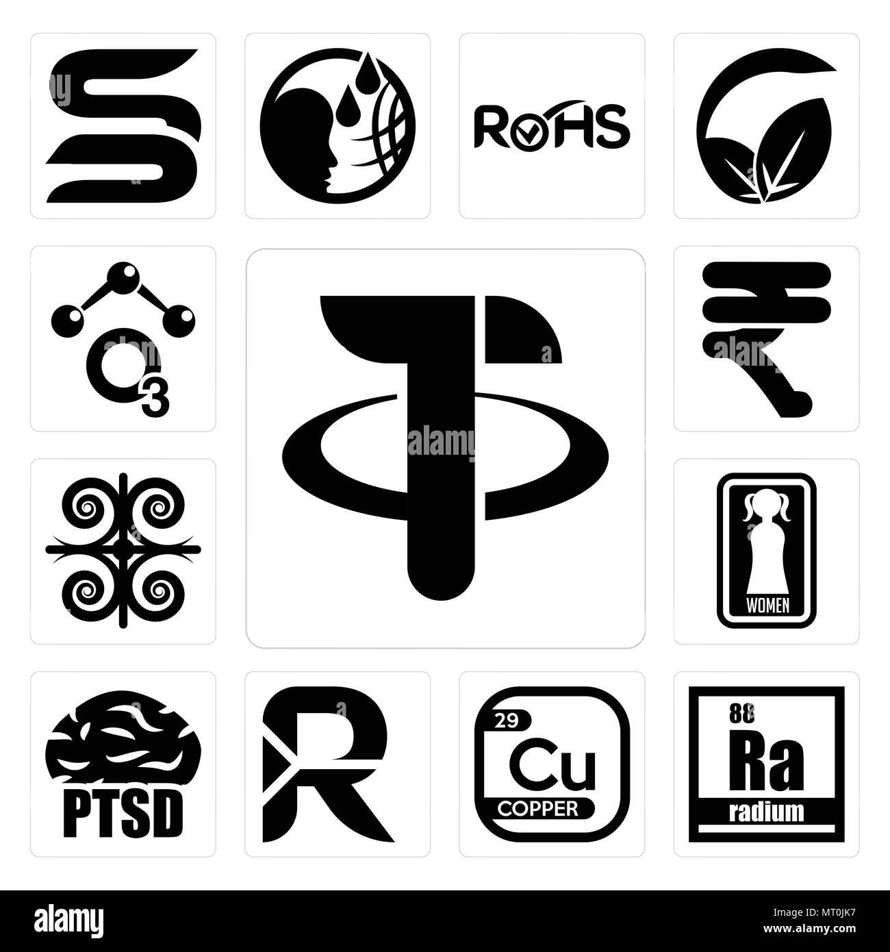 Satz von 13 Einfache editierbare Ikonen wie Halteband, Radium, Kupfer, South African Rand, Ptsd, Women's Restroom,, Rupie, Chemie für mobile verwendet werden, Stock Vektor
