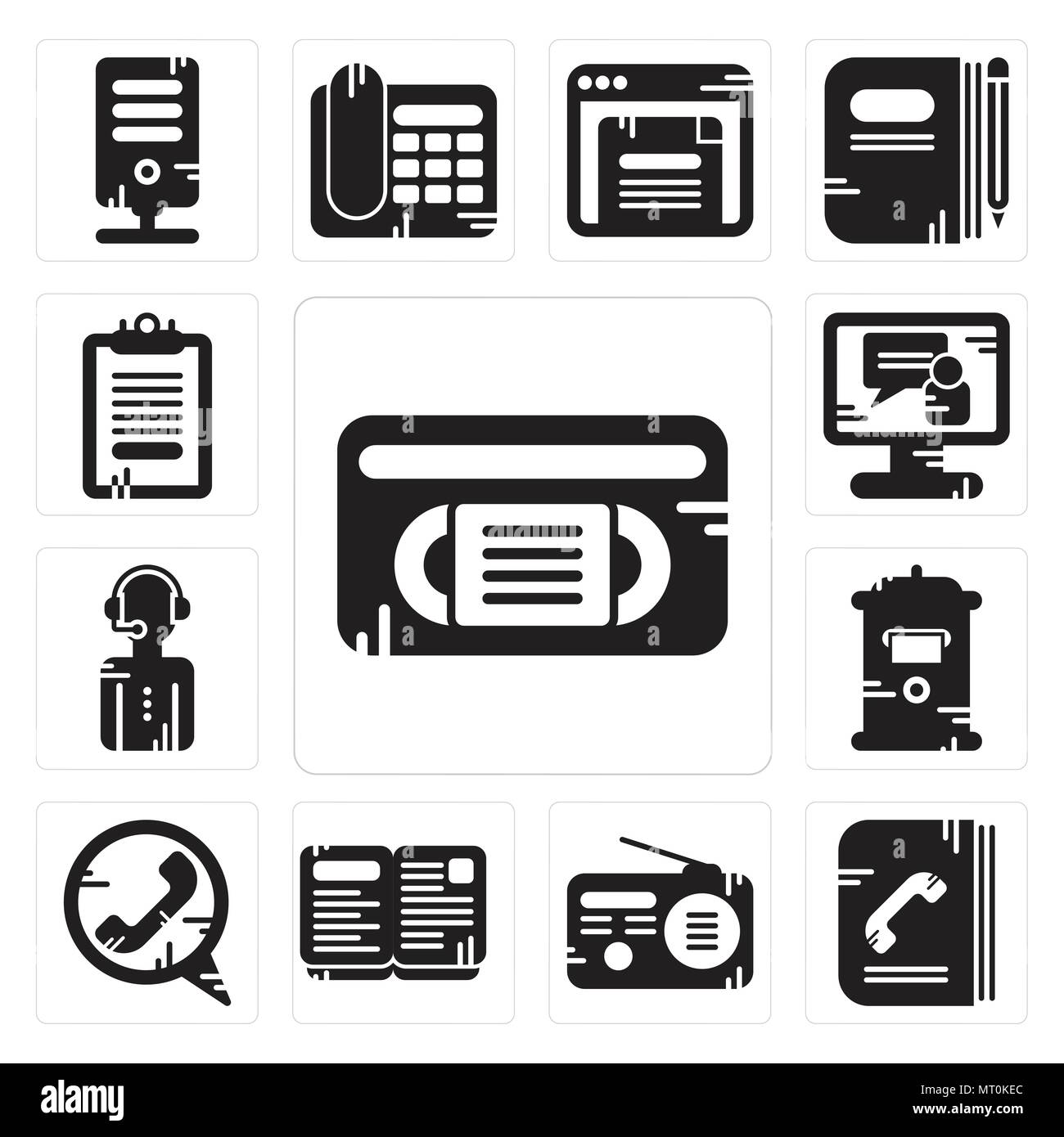 Satz von 13 Einfache editierbare Ikonen wie VHS, Buch, Radio, offener Aufruf, Mailbox, News Reporter, Video Zwischenablage kann für mobile verwendet werden, die Web-UI Stock Vektor