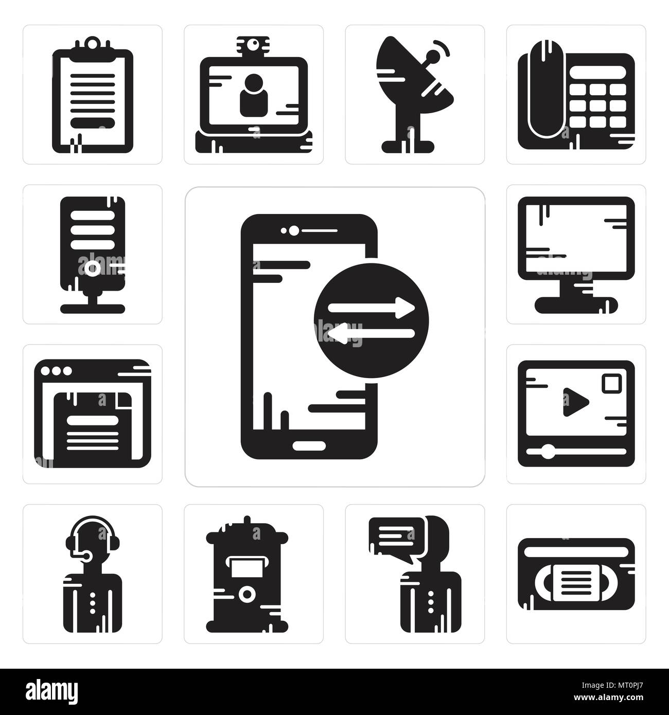 Satz von 13 Einfache editierbare Ikonen wie Smartphone, VHS, Benutzer, Mailbox, News Reporter, Video Player, Browser, angezeigt werden, kann der Server für mobile verwendet werden, Stock Vektor