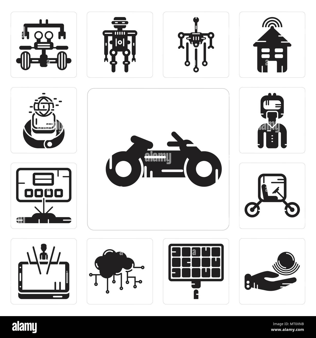 Satz von 13 Einfache editierbare Ikonen wie Motorrad, Telekinese, Solar Panel, Cloud Computing, Hologramm, Fahrzeug, Augmented Reality, erobert werden kann Stock Vektor