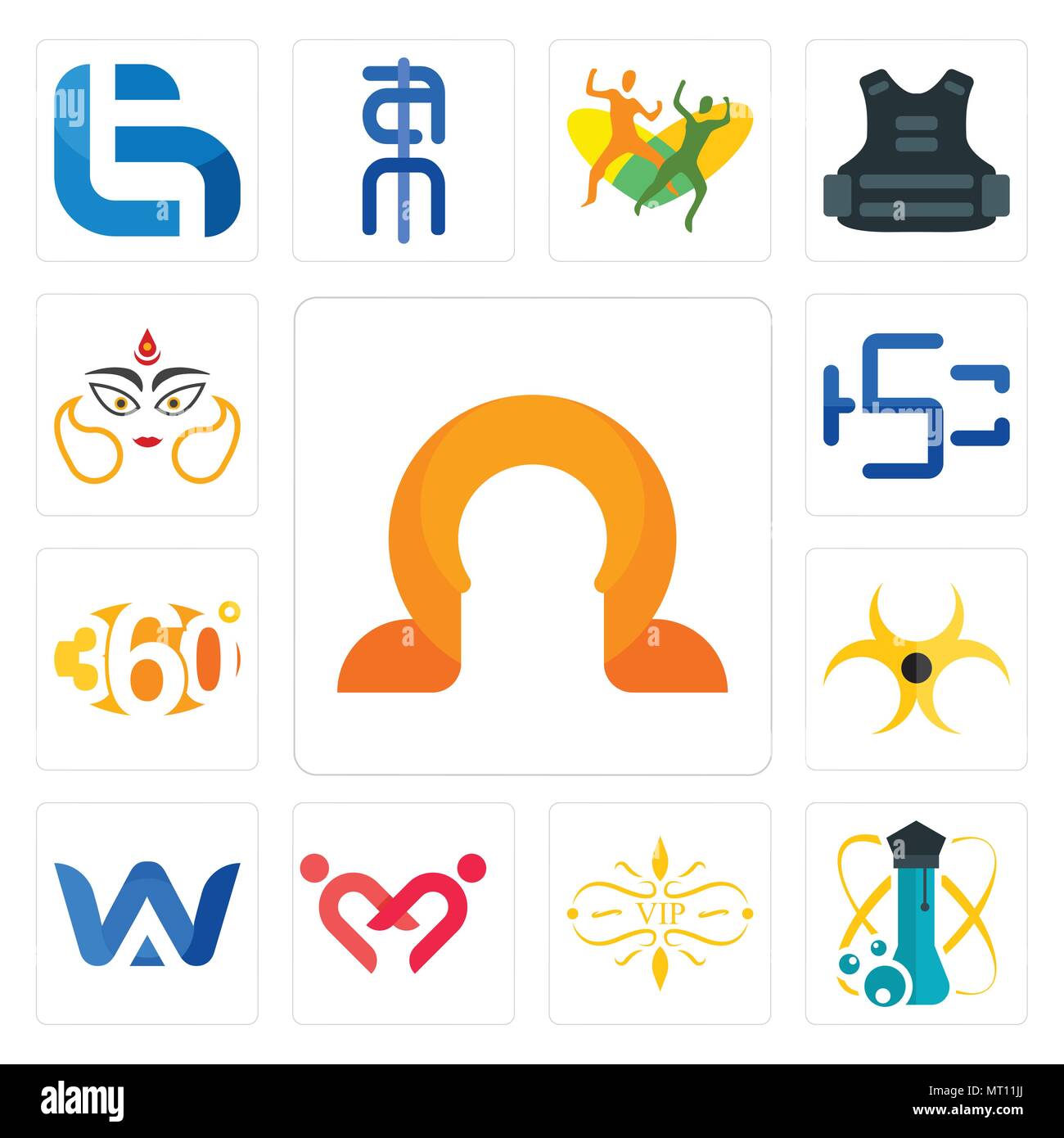Satz von 13 Einfache editierbare Ikonen wie Omega, Wissenschaft, vip, Freundschaft, a&w, Biohazard, 360 Grad, HSC, durga Für mobile verwendet werden können, Web-UI Stock Vektor