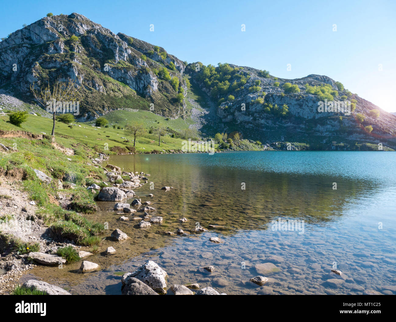 Alpine Mountain Lake Landschaft in der Nähe von Covadonga. Enol See im Nationalpark Picos de Europa, Spanien, Asturien. Stockfoto