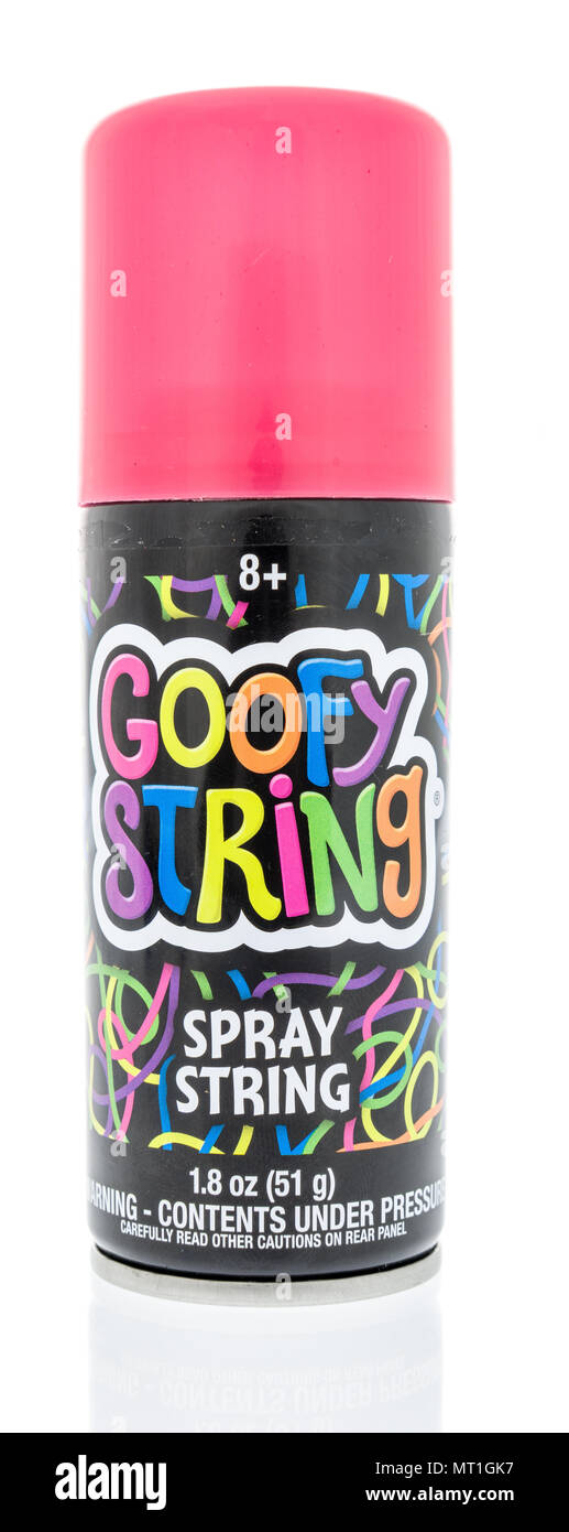 Winneconne, WI - 28 April 2018: eine Dose Goofy string spray String einer isolierten Hintergrund. Stockfoto