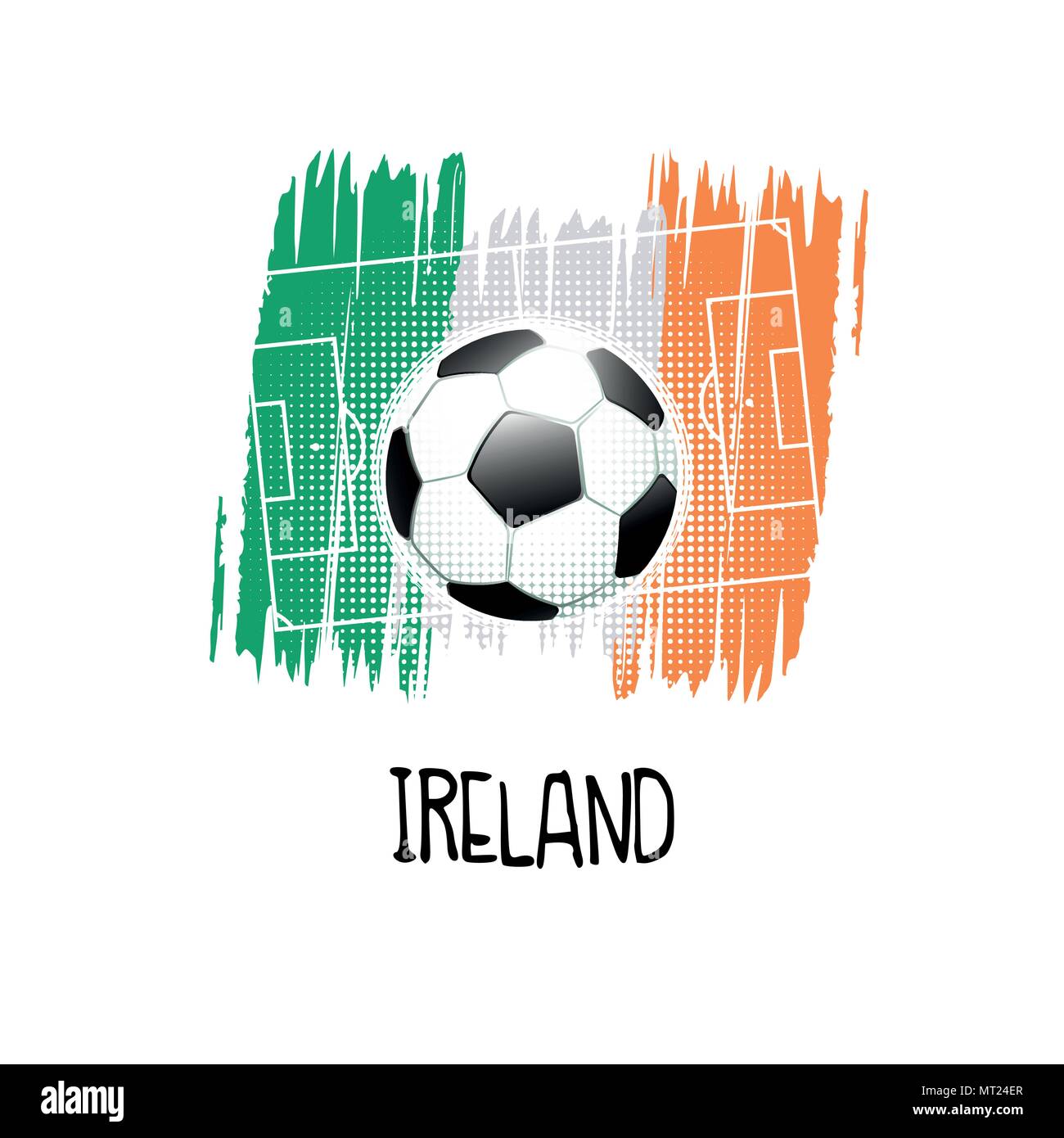 Hand geschriebene Wort "Irland" mit Fußball, Fußballplatz und abstrakte Farben der irischen Flagge. Vector Illustration. Stock Vektor