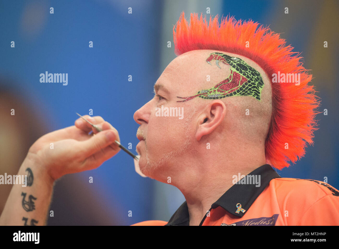 Gelsenkirchen, Deutschland. 25 Mai, 2018. Peter Wright (ENG), Aktion, Throw, Throws, Büste, Deutsche Dart Meister, am 25.05.2018 in der Veltins Arena in Gelsenkirchen. | Verwendung der weltweiten Kredit: dpa/Alamy leben Nachrichten Stockfoto