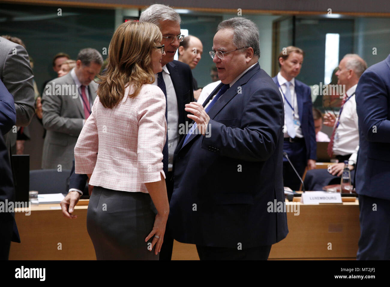 Brüssel, Belgien, 28. Mai 2018. Grrek Minister für Auswärtige Angelegenheiten, Nikos Kotzias besucht in einer Europäischen Union Rat für Auswärtige Angelegenheiten treffen. Alexandros Michailidis/Alamy leben Nachrichten Stockfoto