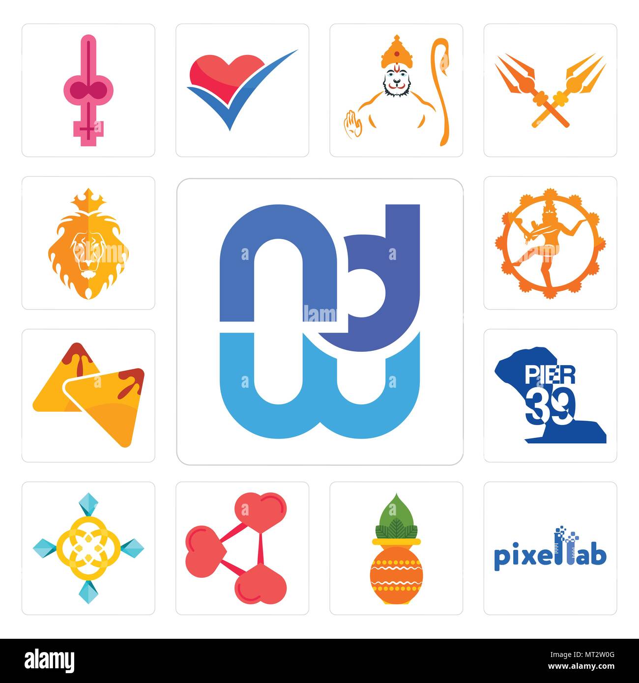 Satz von 13 Einfache editierbare Ikonen wie Wnd, pixellab, Kalash, png, Schmuck, Pier 39, Samosa, nataraj, Juda und der Löwe für mobil verwendet werden können Stock Vektor