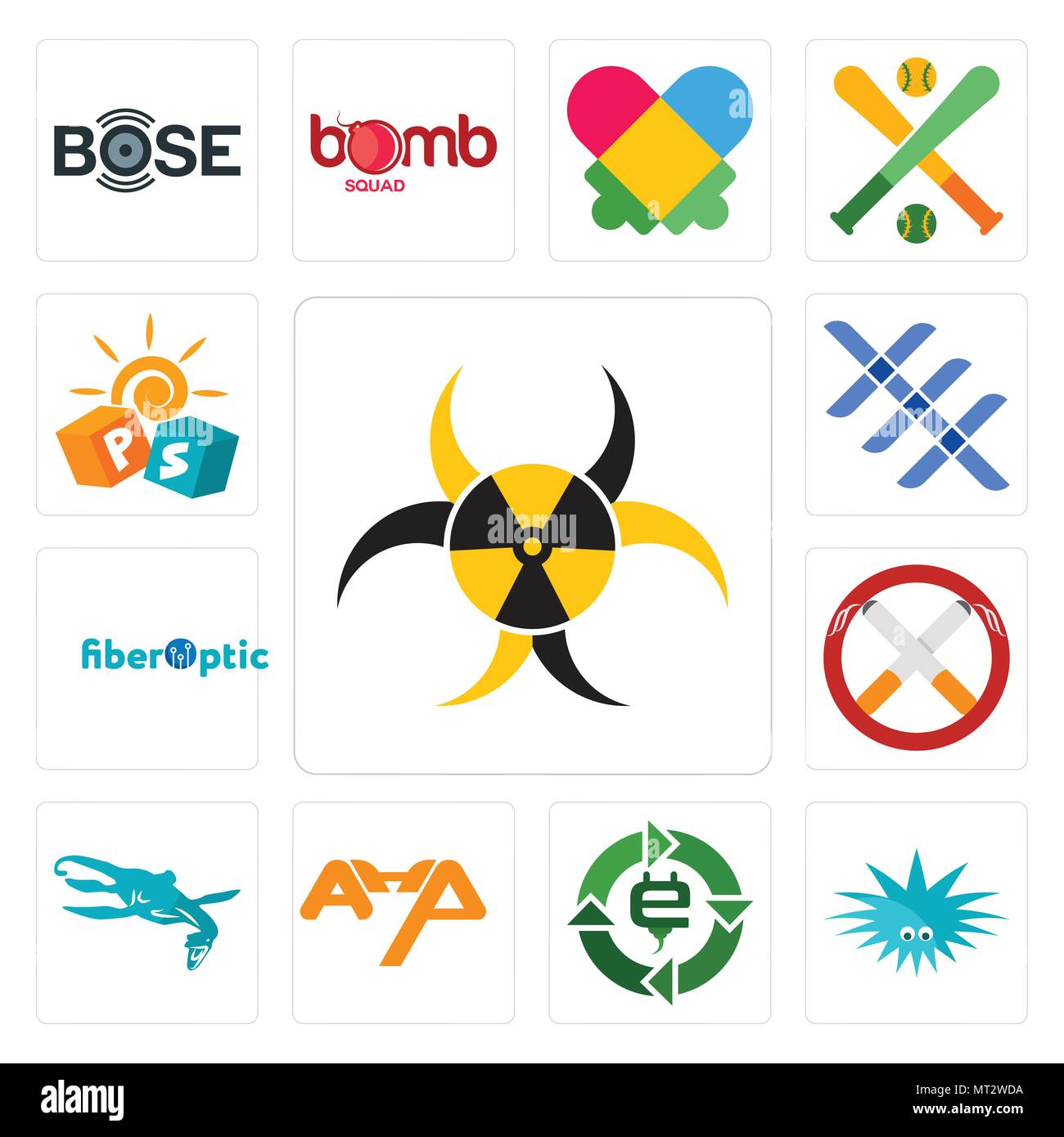 Satz von 13 Einfache editierbare Symbole wie Quarantäne, Urchin, e Abfälle, Ahp, Loch Ness Monster, Nichtraucher, Fiber Optic, Triple x, vor der Schule verwenden können. Stock Vektor