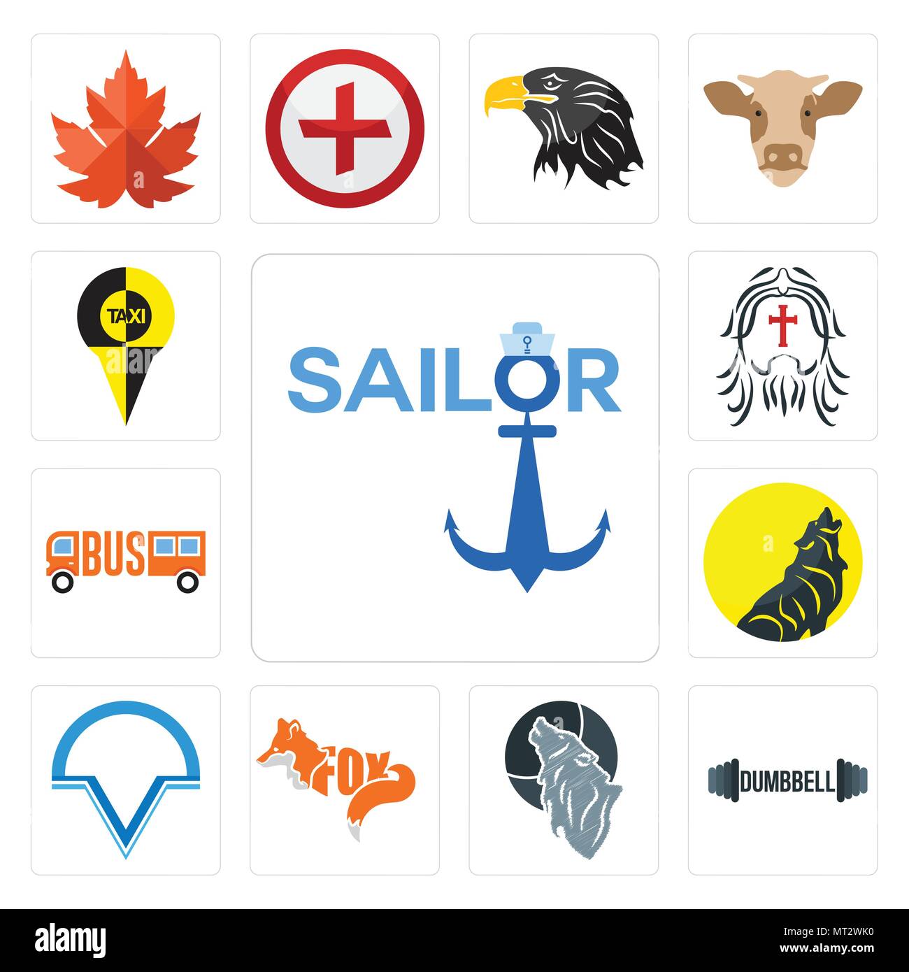 Satz von 13 Einfache editierbare Ikonen wie Sailor, Hantel, Wolf,, v Kreis, für mobile verwendet werden, die Web-UI Stock Vektor