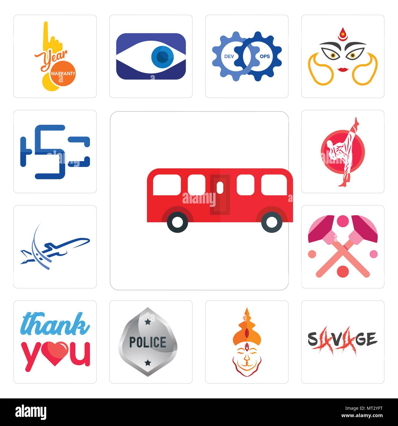 Satz von 13 Einfache editierbare Ikonen wie Bus, Savage, hanuman Ji
