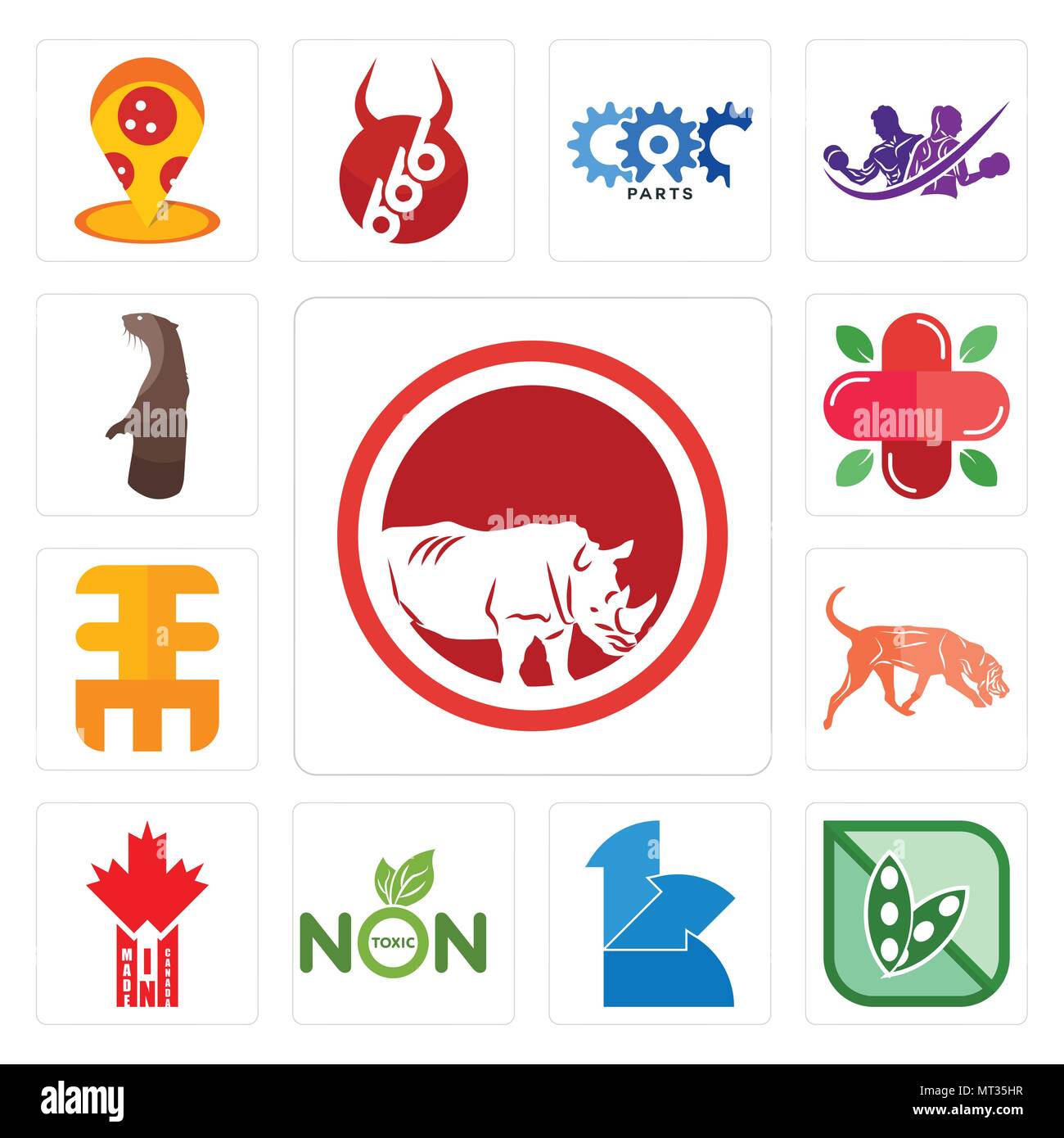 Satz von 13 Einfache editierbare Ikonen wie die Rhino speichern, Soja, 111, nicht toxisch, in Kanada, bloodhound, Eee, Apotheke, Otter können für Mobi verwendet werden. Stock Vektor