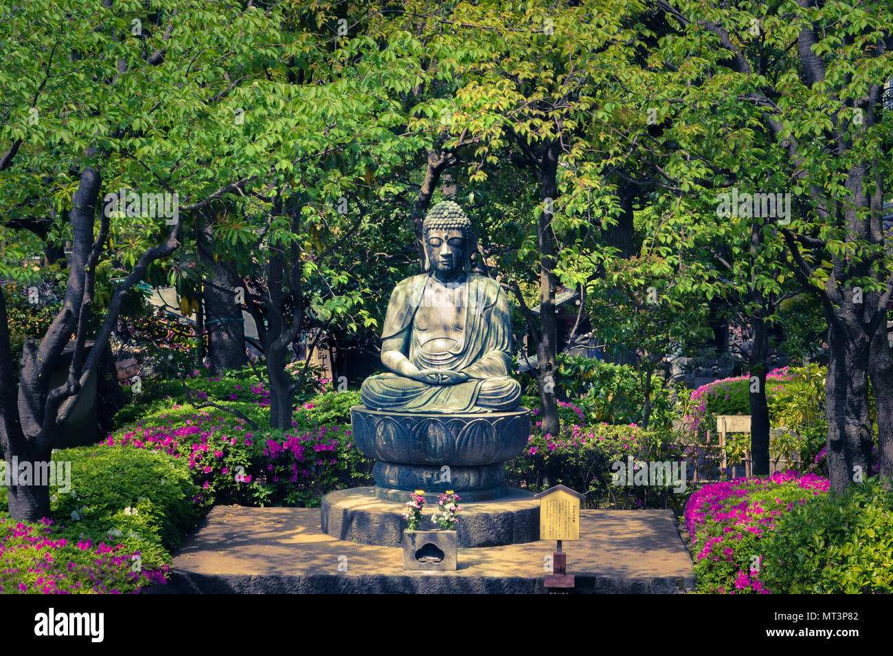 Meditieren buddhistischen Statue von Garten Bäume, Sträucher und Blumen umgeben. Stockfoto