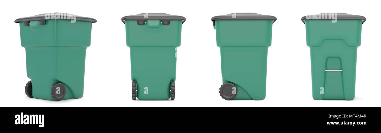 Set Grün geschlossenen Behälter für Müll auf weißem Hintergrund. 3D-Rendering Stockfoto