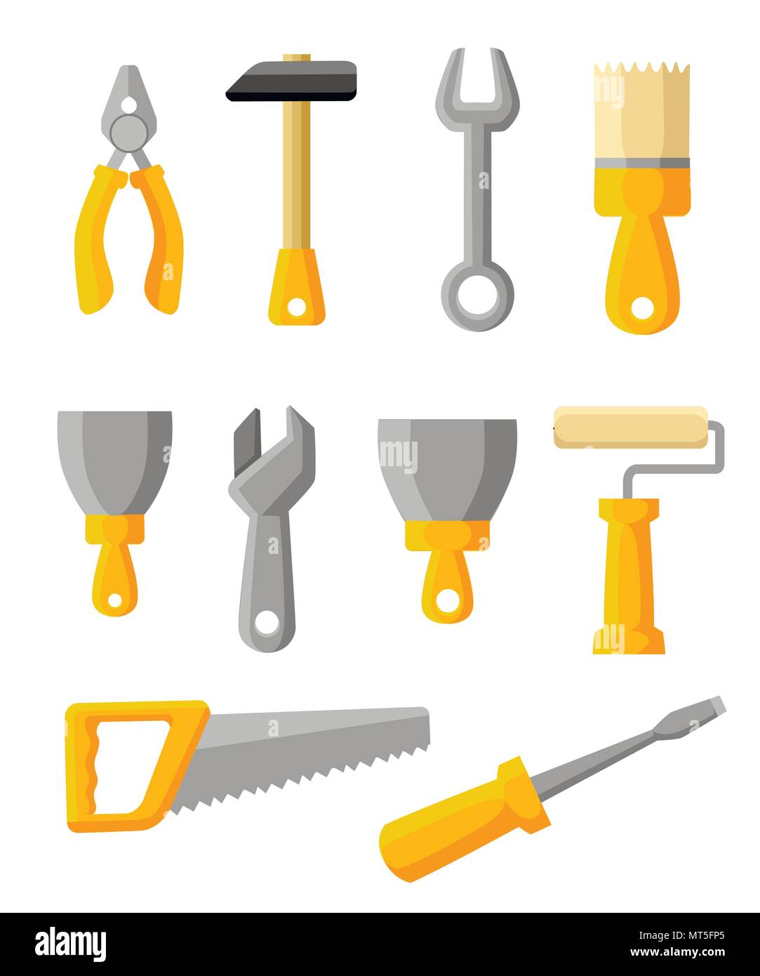 Die Arbeit tools Icons einstellen. Erstellen von Tools, Bau Gebäude, Hammer, Schraubenzieher, Säge, Feile, Spachtel, Lineal, Roller, Pinsel. Flat Style Design. V Stock Vektor