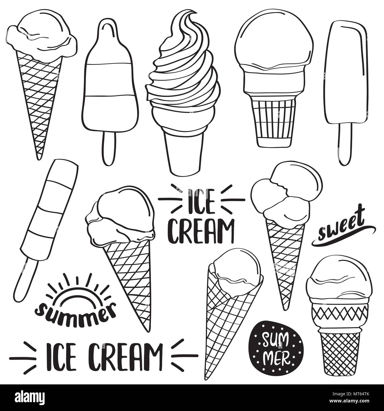 Doodle Eis Kollektion in Schwarz und Weiß für die Färbung, Vektor Stock Vektor