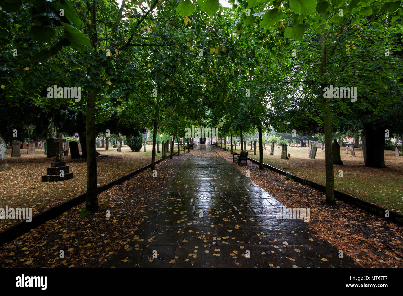 Regen in einem Friedhof in Stratford-upon-Avon, England, Großbritannien Stockfoto