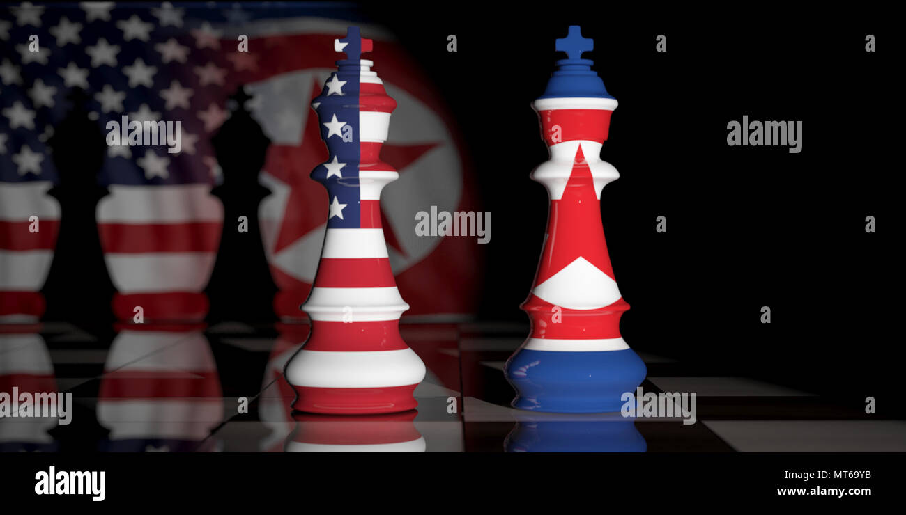 USA und Nordkorea Beziehung. Uns Amerika und Nordkorea Flags auf Schach Könige auf einem Schachbrett. 3D-Darstellung Stockfoto