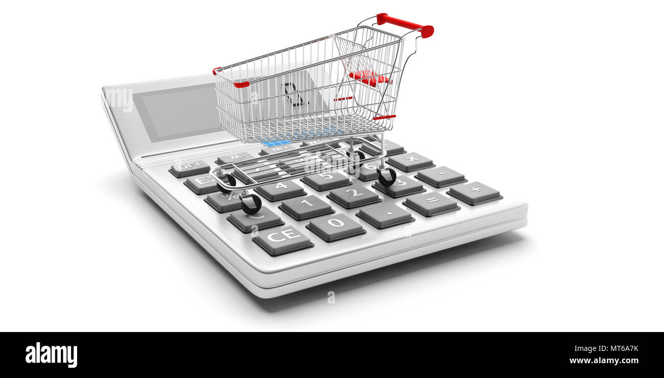 Lebensmittelgeschäft Budget. Warenkorb ist leer und Taschenrechner auf weißem Hintergrund. 3D-Darstellung Stockfoto