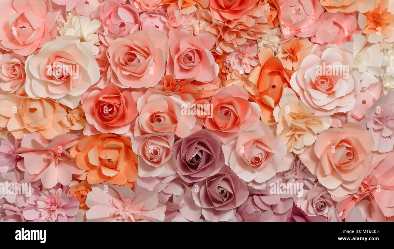 Bunte Blumen Papier Hintergrund Muster schönen Stil. Panorama 16:9-Breitbildformat Stockfoto