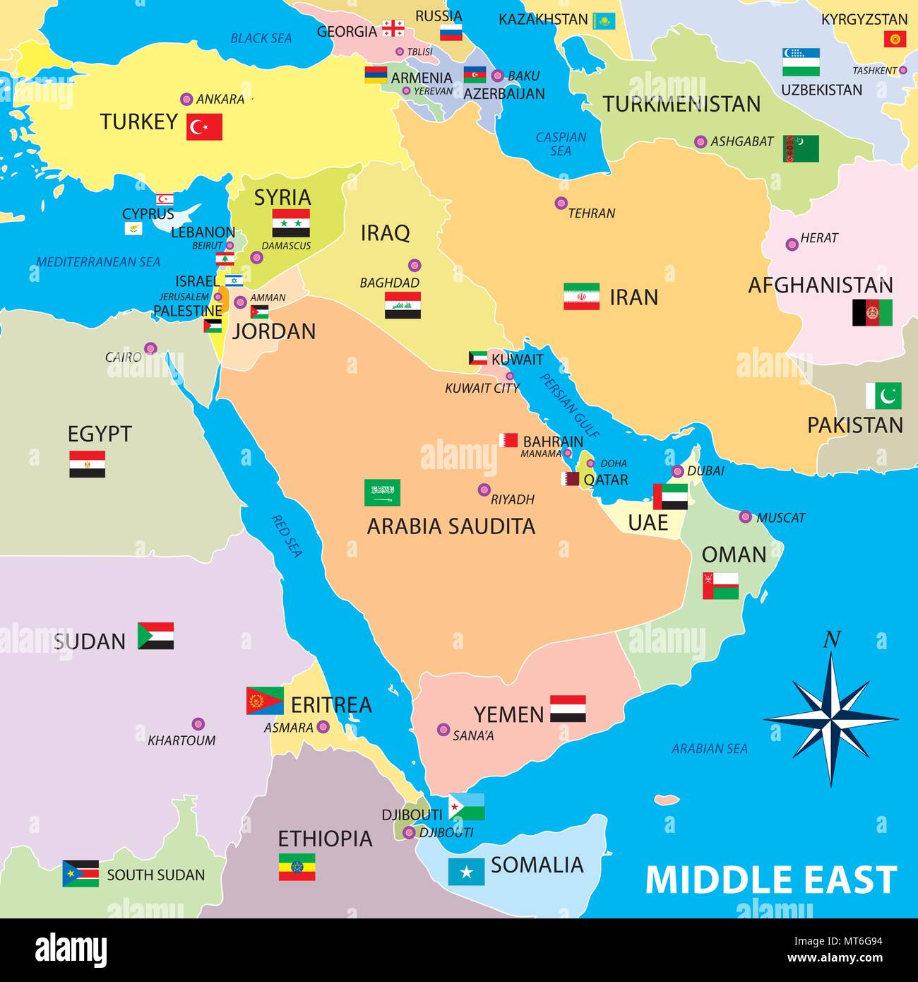 Naher Osten Karte mit Grenzen und Flags Stock Vektor